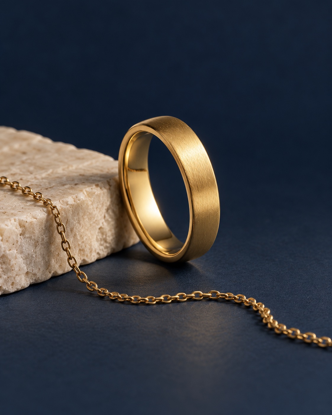 Illustrative gold band and chain on navy fabric beside a pale stone block